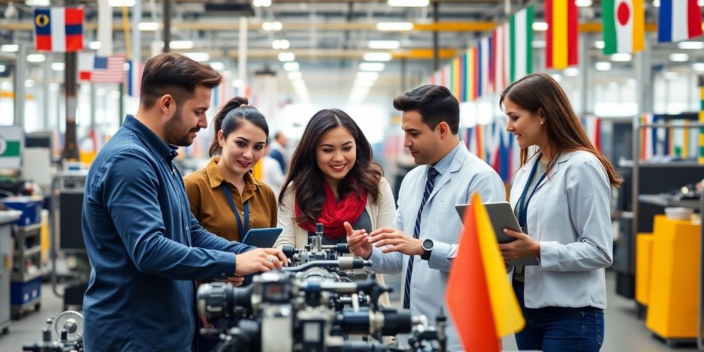 Diverse team working in a global manufacturing facility.