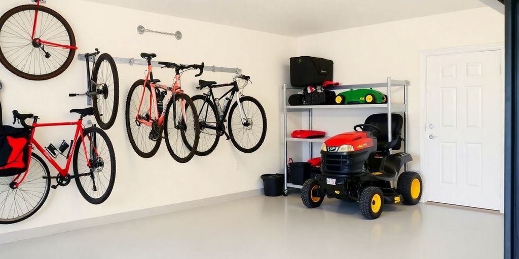 Organized garage with bike and lawn mower storage solutions.