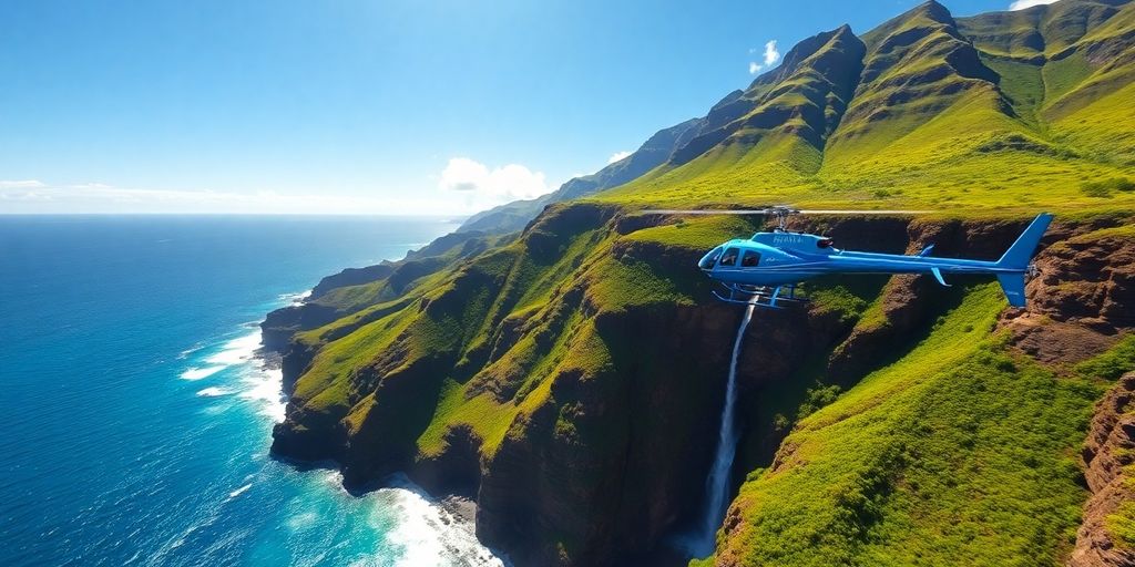 A blue helicopter flies over Maui's lush, volcanic coastline.