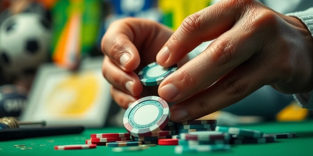 Sports bettor carefully placing a chip on a betting table.