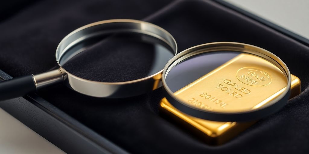 Lingot d'or et loupe sur un fond sombre.