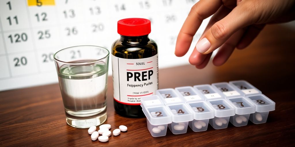 Pills, water, calendar.