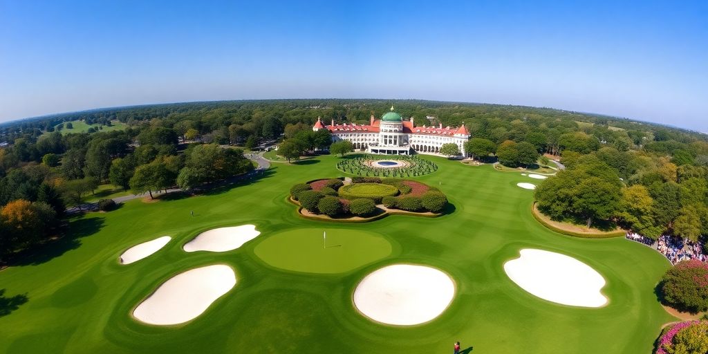 Aerial view of Augusta National Golf Club in spring.