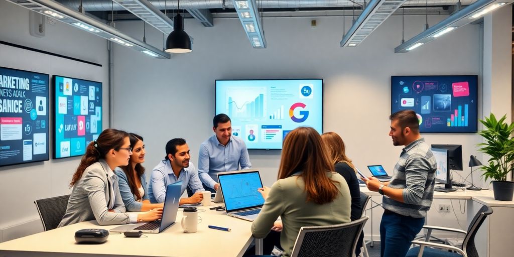 Profissionais de marketing digital em ambiente moderno.