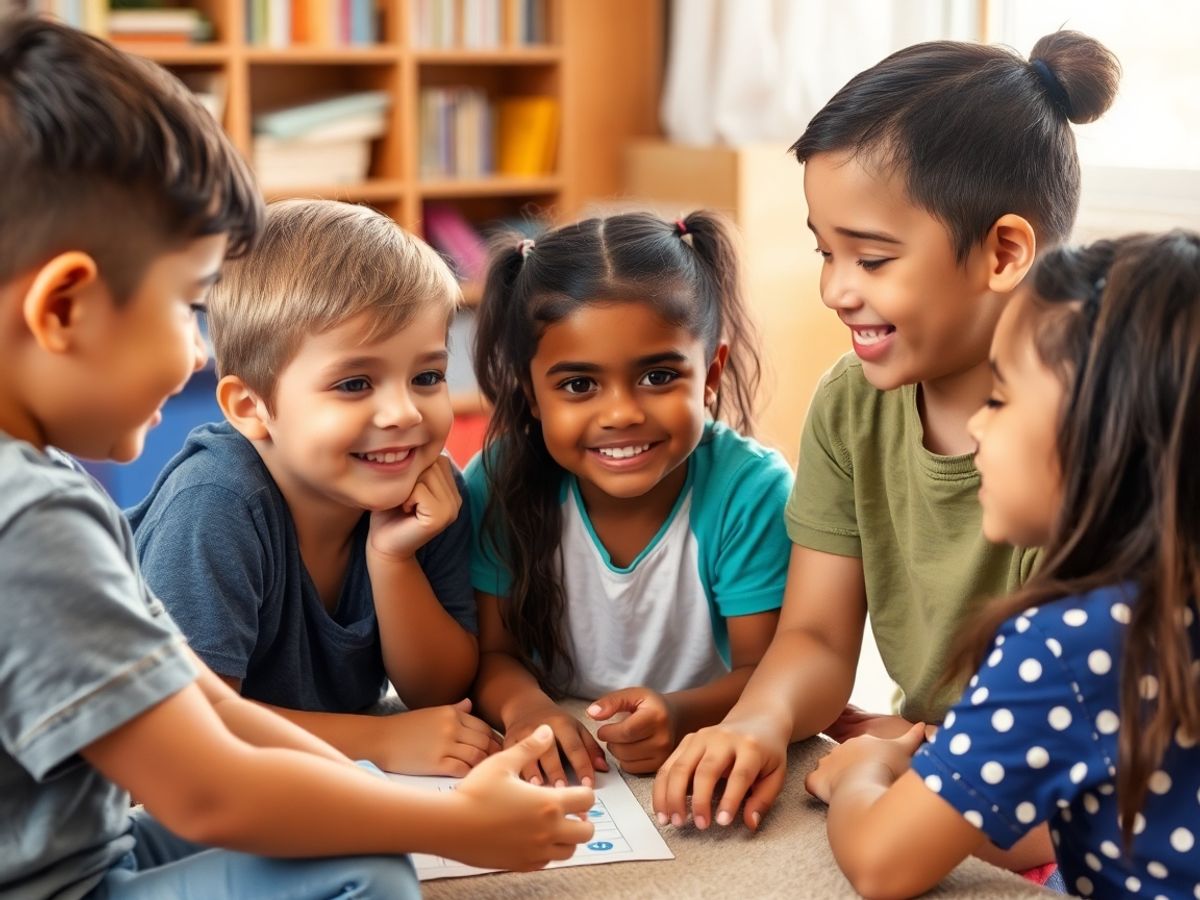 Copii jucându-se și împărtășind emoții în grup.