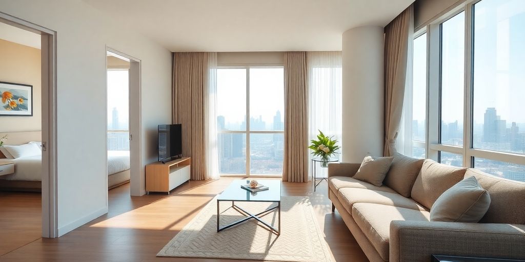 Modern serviced apartment living room, Shenzhen view.