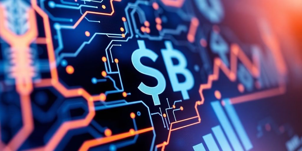 Close-up of digital financial technology and circuit patterns.