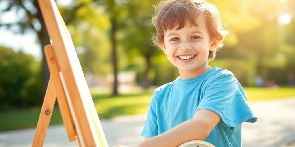 Child playing outdoors, engaged in creative activity.