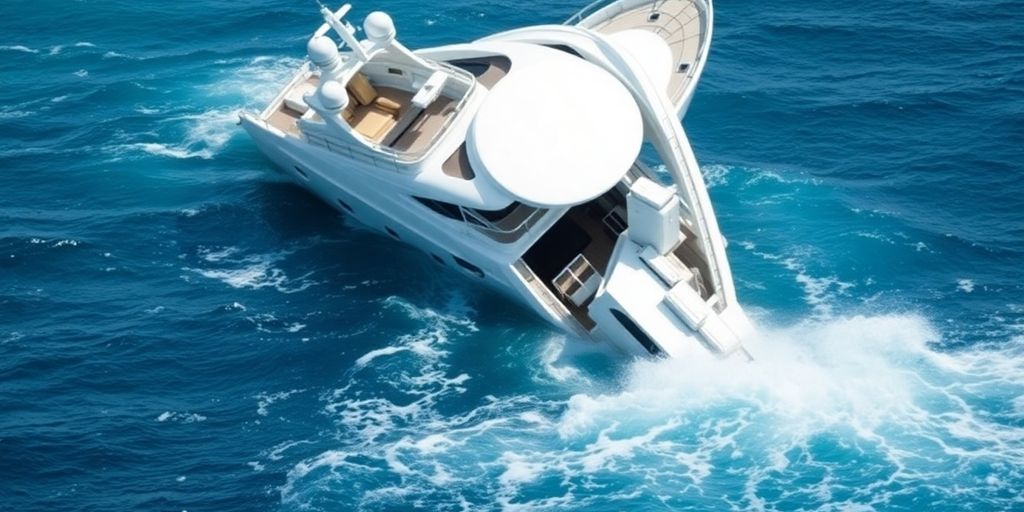 Luxury yacht sinking, debris floating on water.