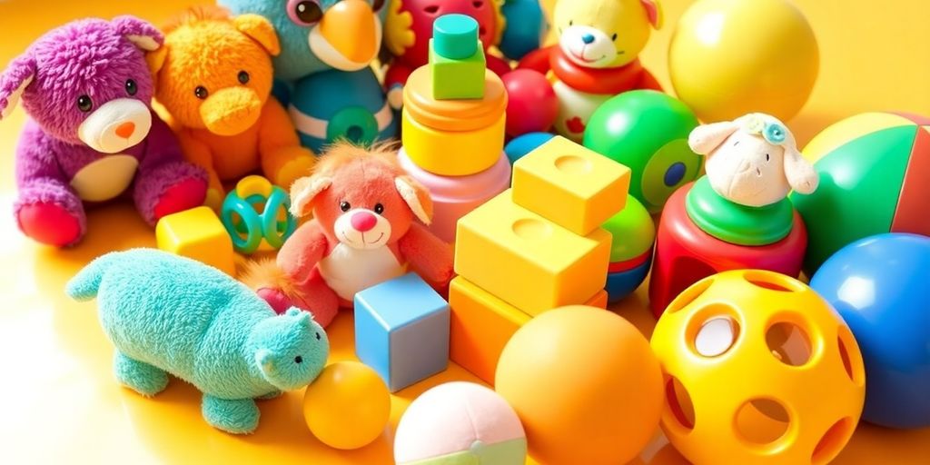 Bunte Spielzeuge für Kleinkinder auf einem hellen Untergrund.