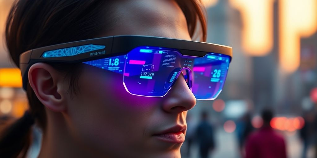 Óculos Android XR imersos em cenário digital futurista