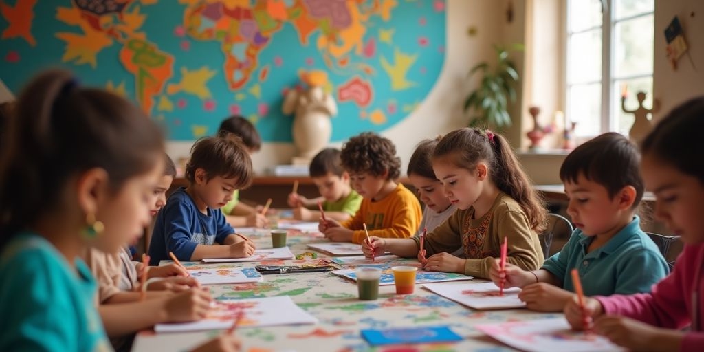 کلاس هنری با دانش‌آموزان در حال یادگیری هنر