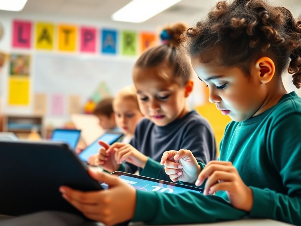 Copii folosind dispozitive digitale în clasă pentru învățare.