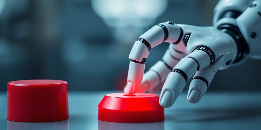 Robotic hand pressing a button, illustrating AI decision-making.