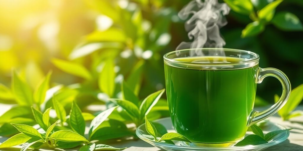 6 Chás para aumentar o metabolismo 2 Folhas de chá verde e uma xícara de chá.