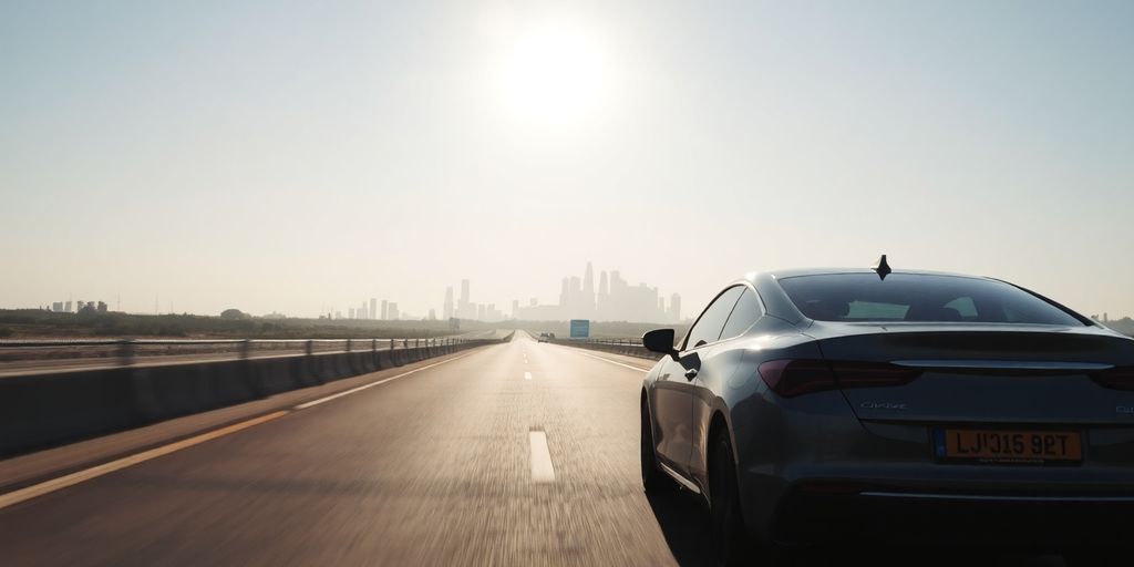 Modern car driving on a highway towards a cityscape.
