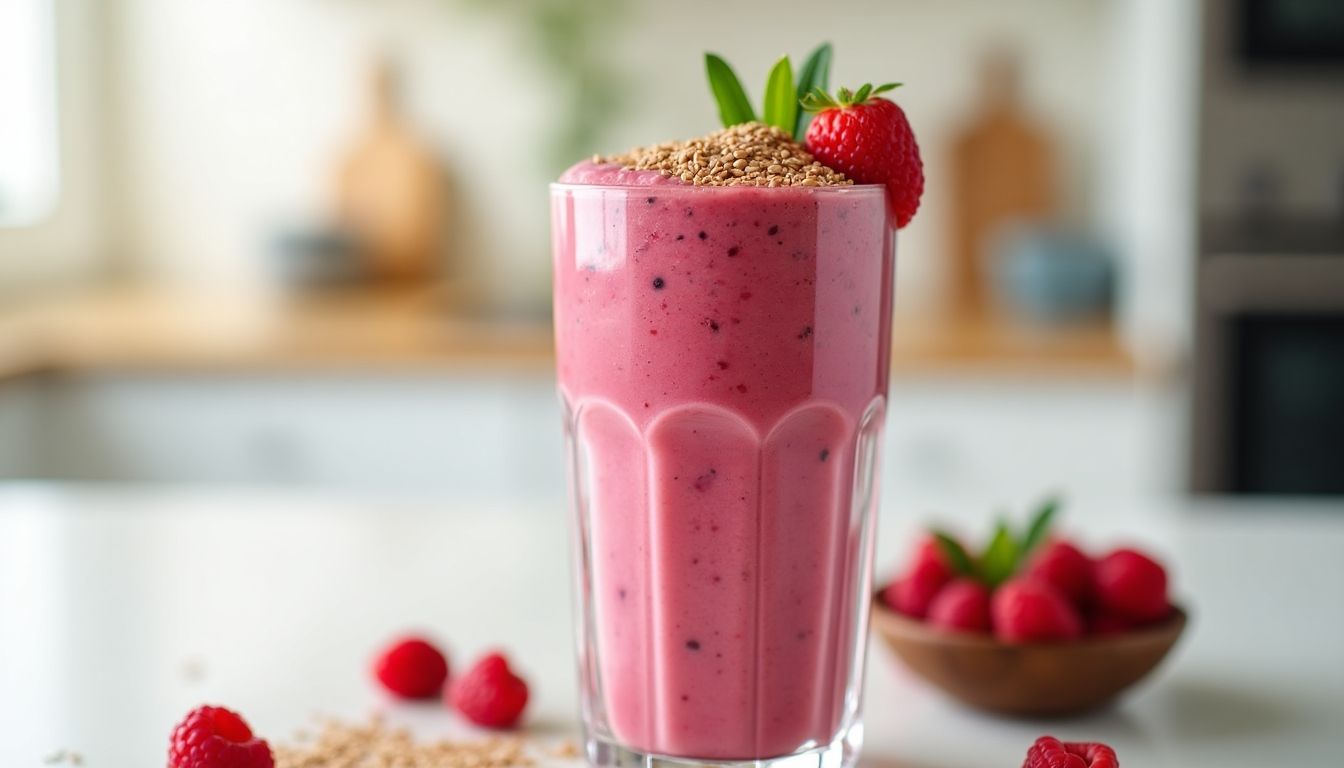 Raspberry Flaxseed Smoothie with fresh raspberries and flaxseeds.