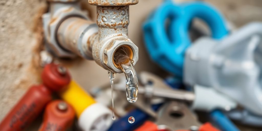 Leaking pipe with water and plumbing tools nearby.