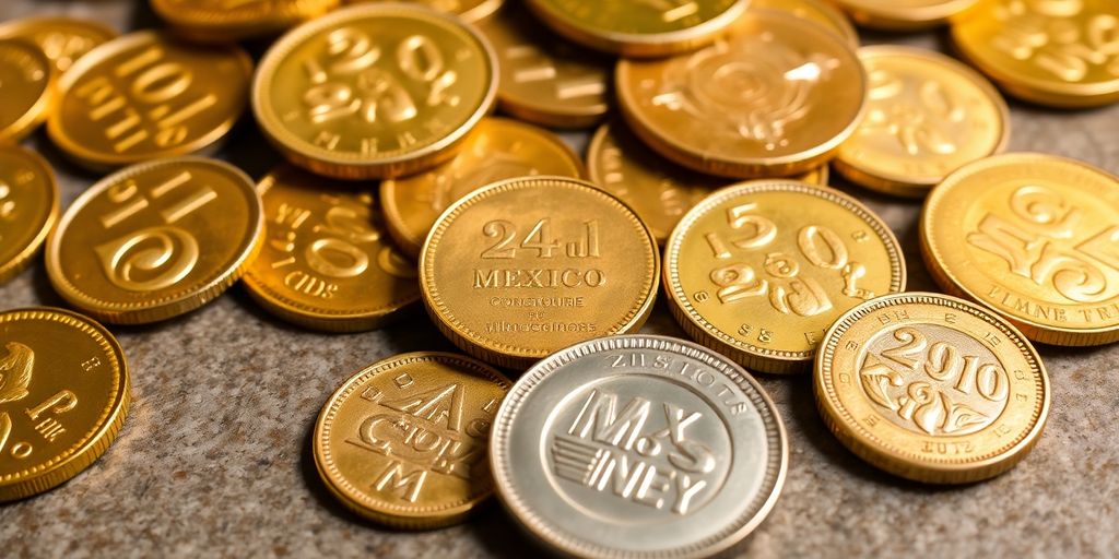 Assortiment de pièces d'or mexicaines sur une surface texturée.