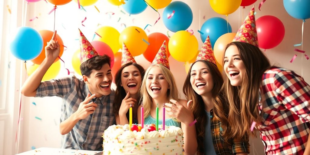 A lively birthday party with balloons and a decorated cake.