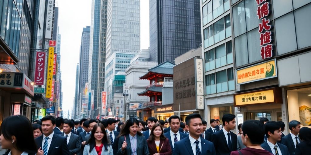 Busy Tokyo street with professionals in business attire.