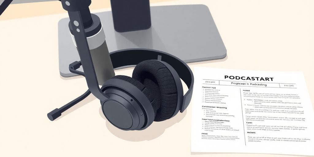 Microphone, headphones, and a resume on a desk.
