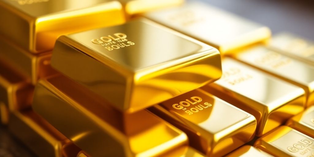 Lingots d'or brillants empilés sur une surface.
