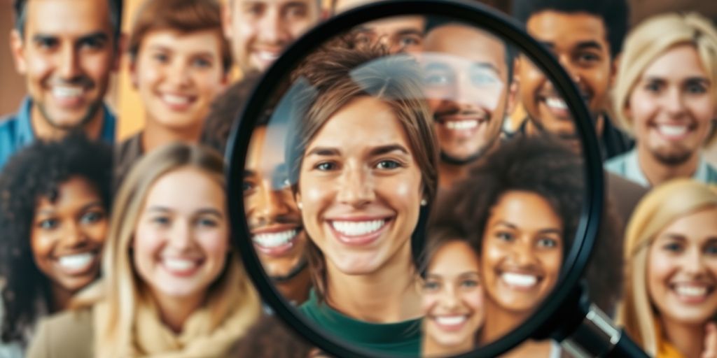 Magnifying glass over diverse customer faces.