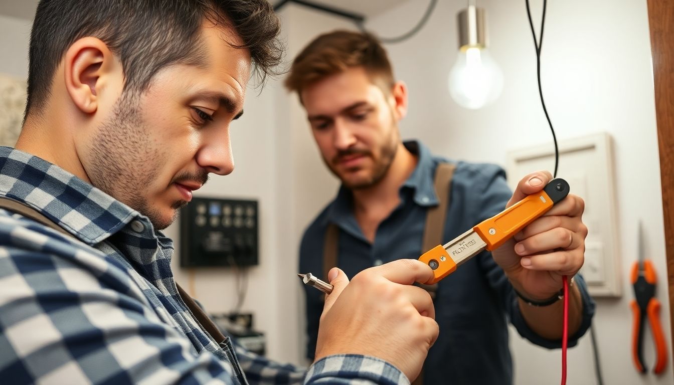 Electrician working in a London apartment with tools.