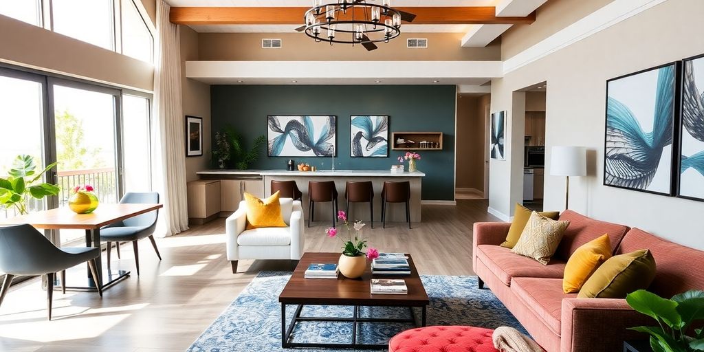 A modern living room with elegant furniture and decor.