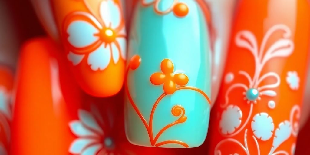 Unhas decoradas em laranja radiante com designs criativos.