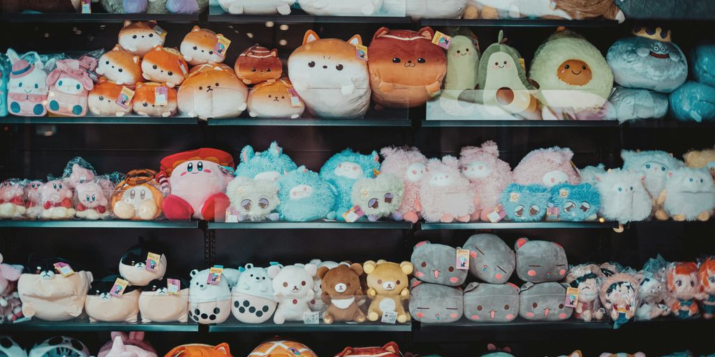 Shelves are filled with adorable plush toys.