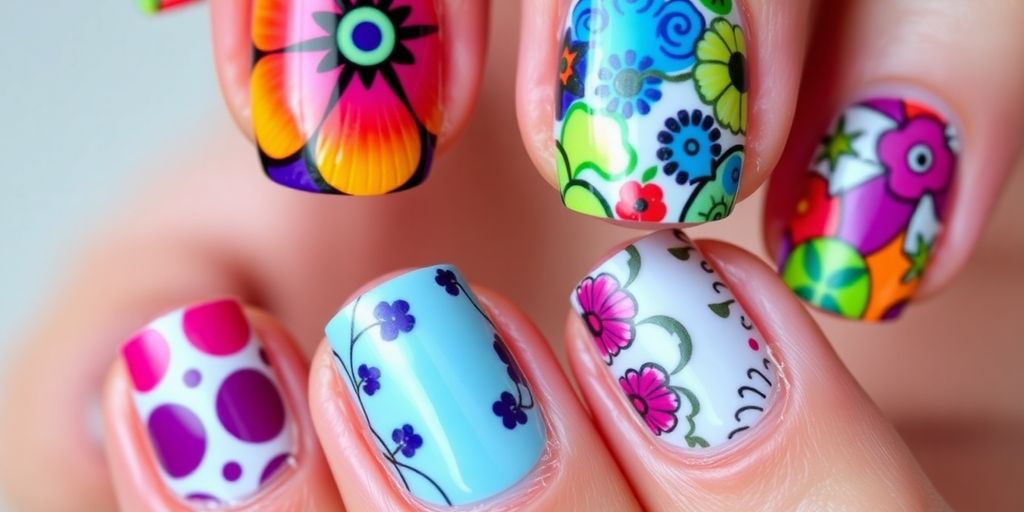Unhas meia-lua decoradas com cores vibrantes e designs.