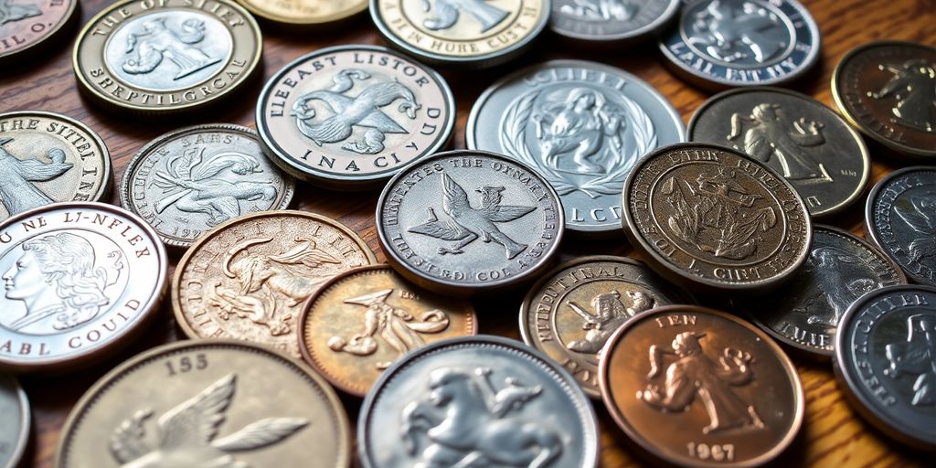 A variety of collectible coins on a wooden surface.