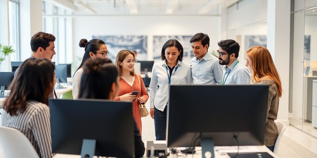 Diverse team collaborating in a modern office space.