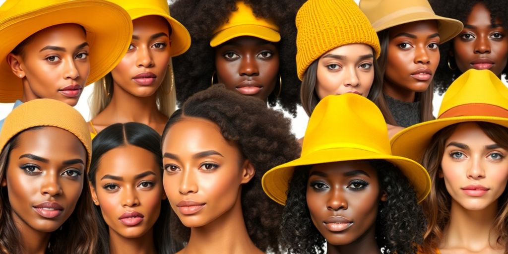 Yellow hats, various styles, on diverse models.