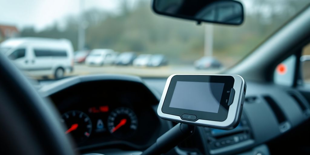 A modern van interior with a smart tachograph device.