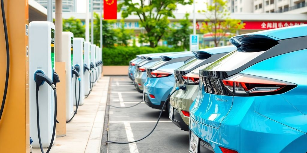 Electric vehicles charging at a modern station in China.