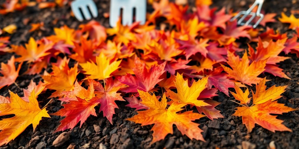 Herbstgarten mit bunten Blättern und Gartengeräten