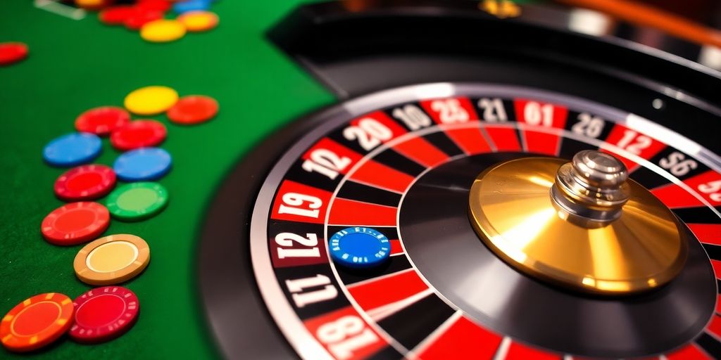 Roulette wheel and chips on green felt