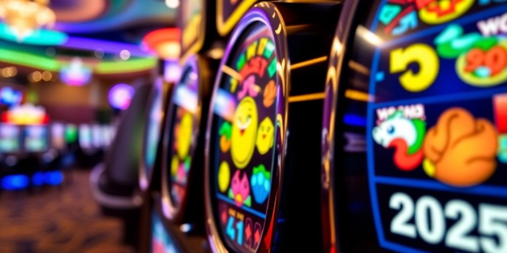 Colorful slot machine reels in a lively casino setting.