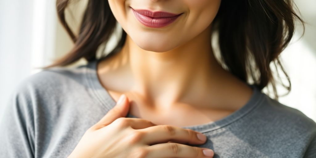 Woman holding her abdomen with a gentle smile.