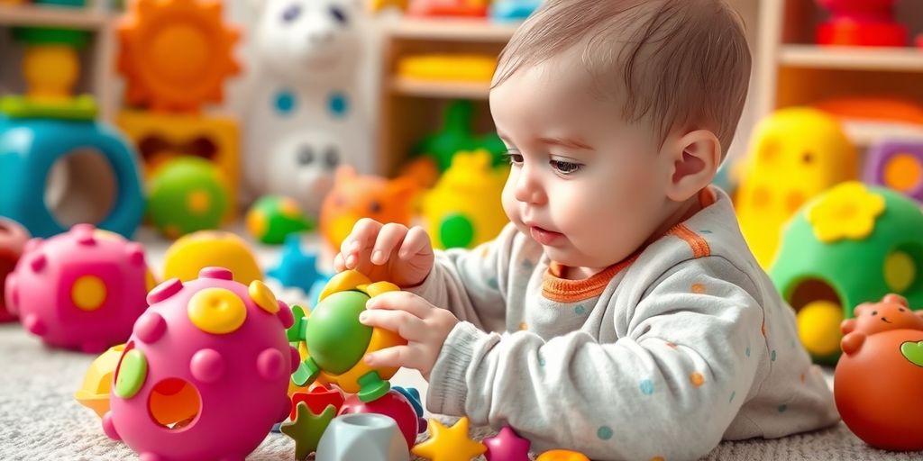 Bebê brincando com brinquedos sensoriais coloridos.