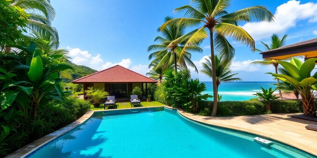 Phuket villa with pool overlooking turquoise sea.