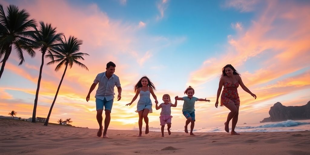 Family enjoying Cabo San Lucas beach at sunset.