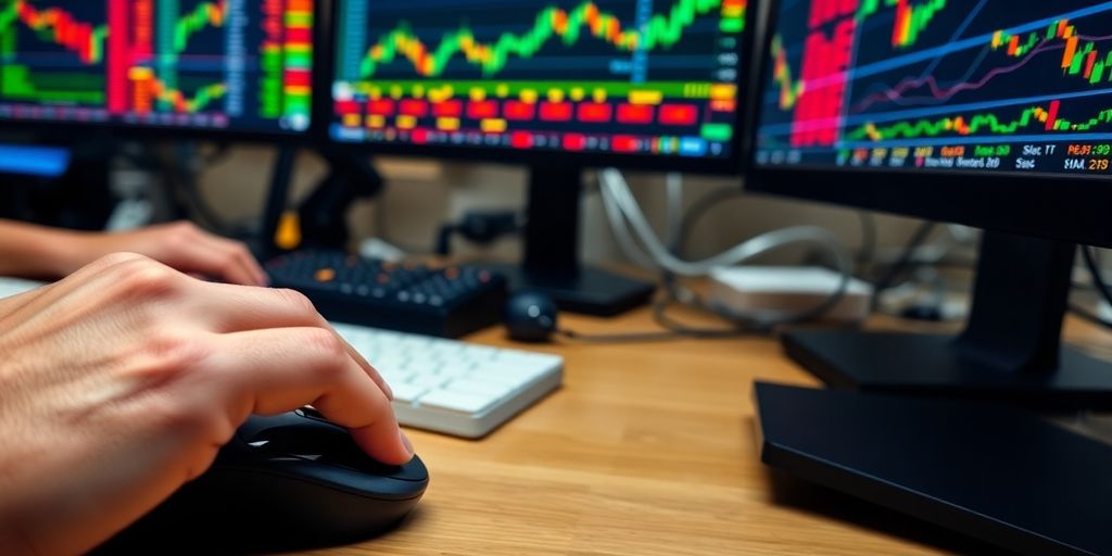 Trader's hands with computer in a dynamic trading environment.