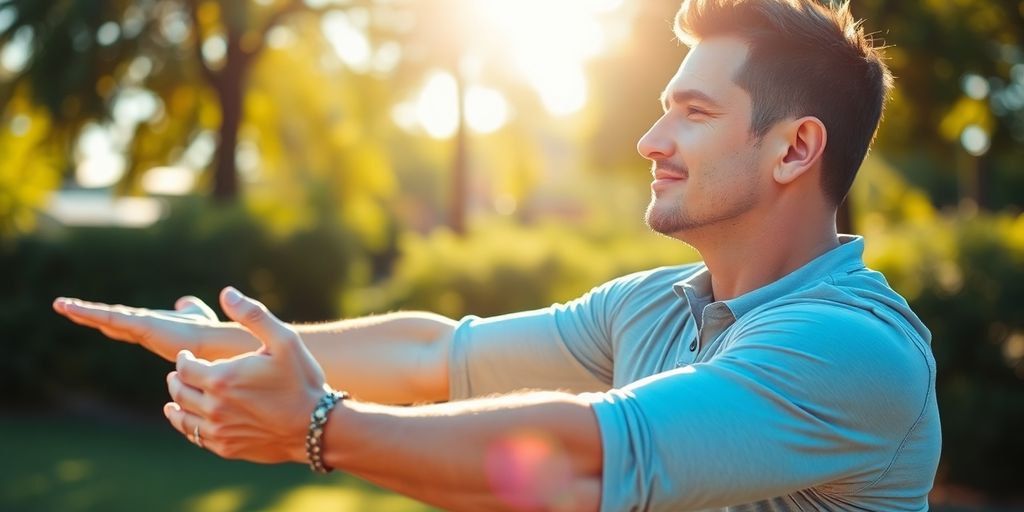 Man stretching with a look of relief and freedom.