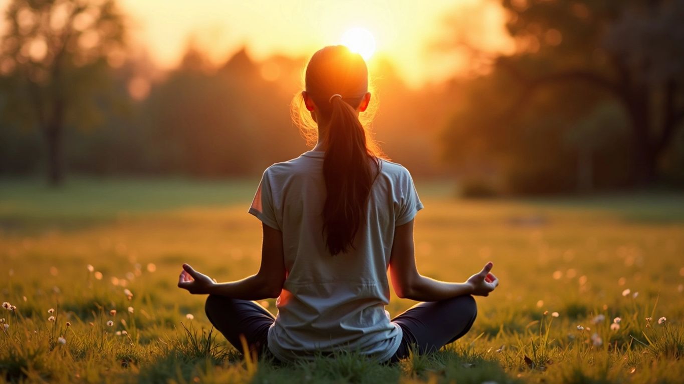 Person meditating on grass at sunset.