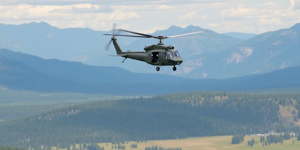 Hélicoptère survolant un paysage naturel en sécurité.