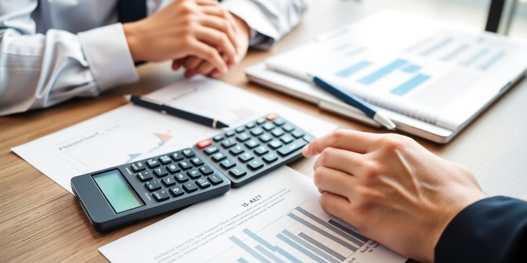Calculator and financial documents on a desk in an office.